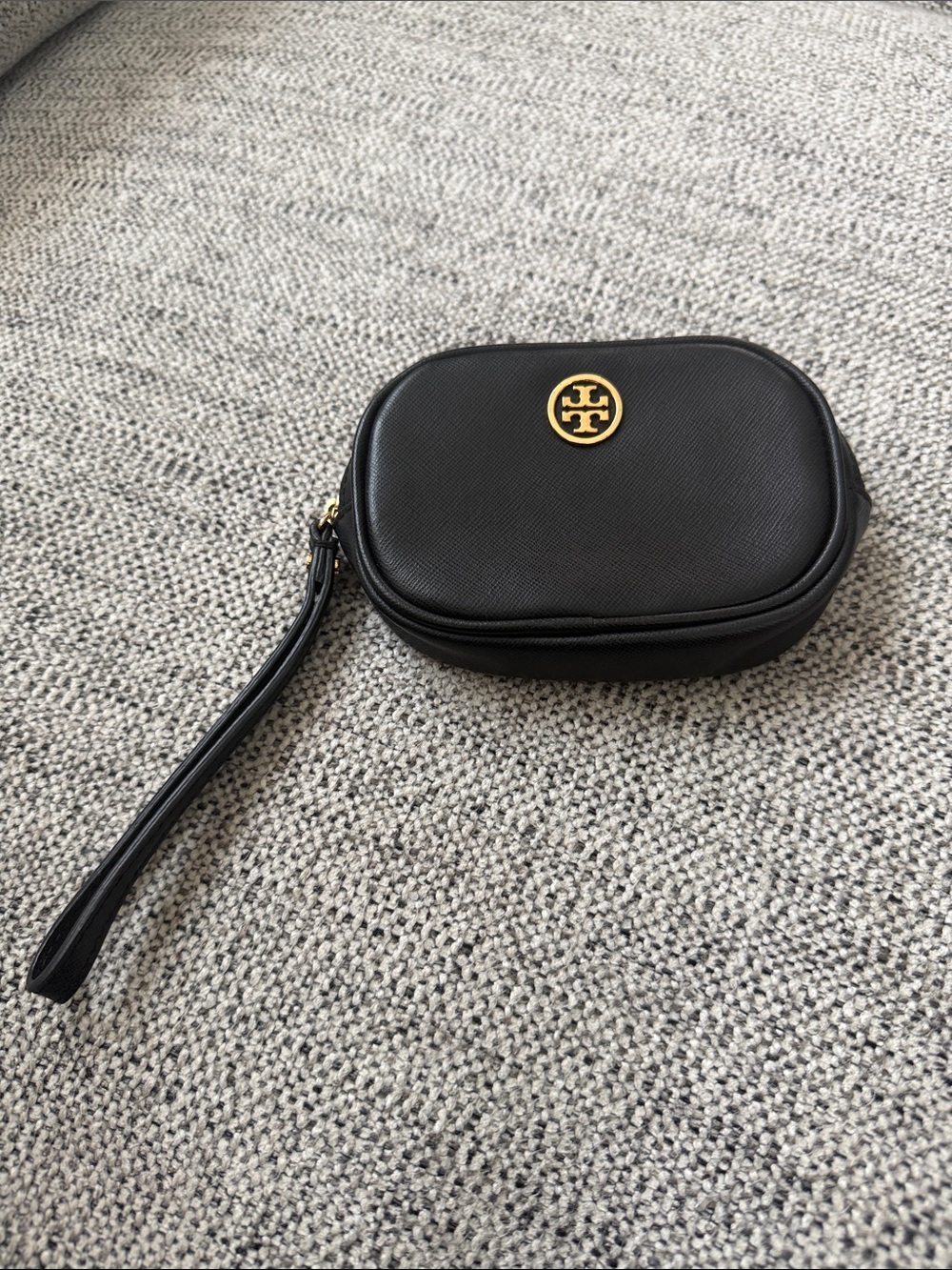 Tory Burch Black Leather Wristlet with Gold Logo Medallion
